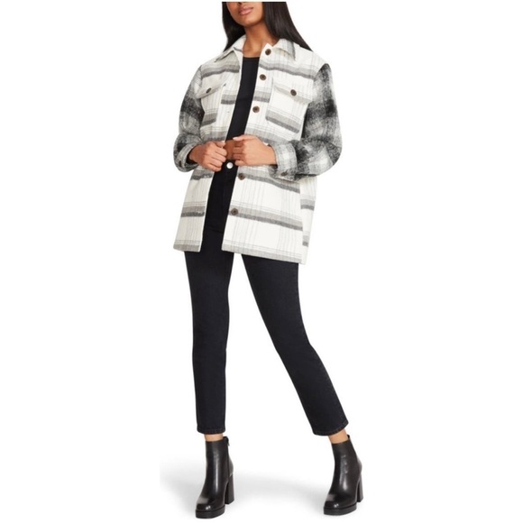 BB DAKOTA by Steve Madden Plaid Shacket Gray Combo Button Front Shirt Jacket - Picture 13 of 13